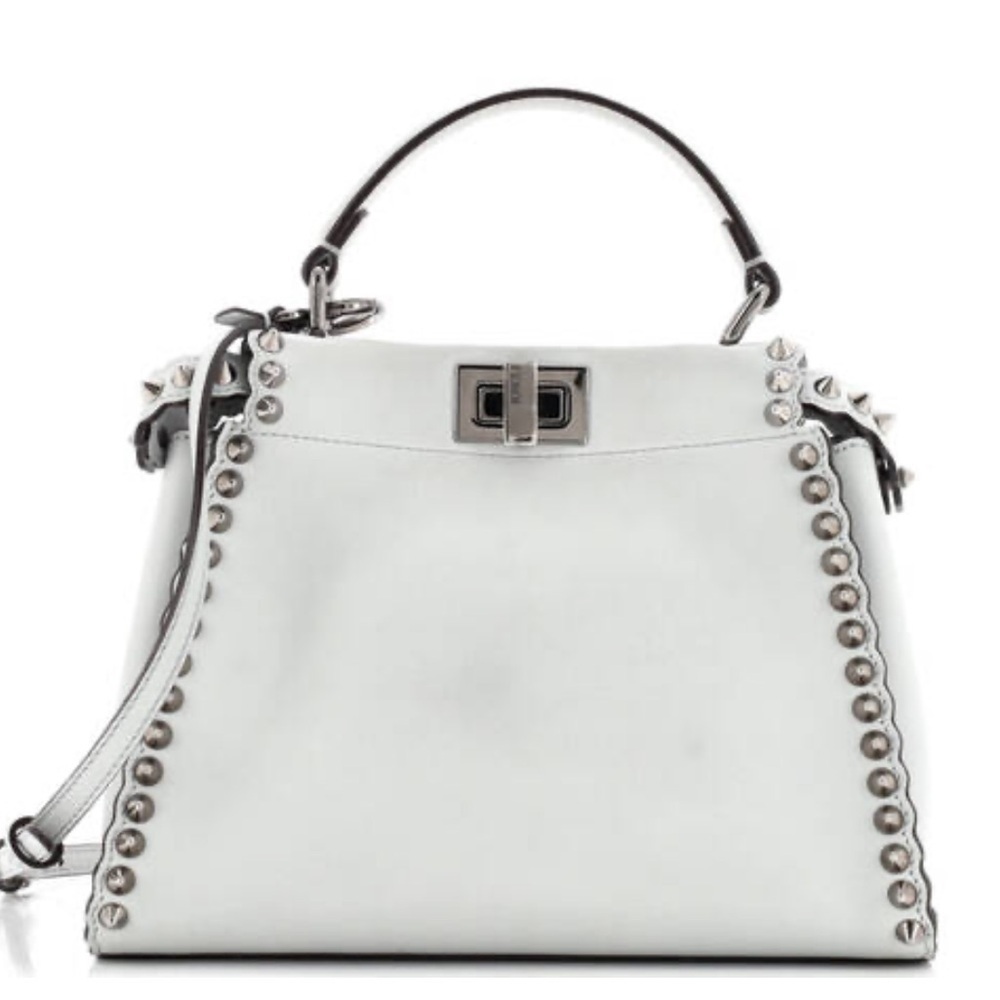 Fendi Peekaboo Mini Light Blue Studded Leather Two Way Top Handle Bag